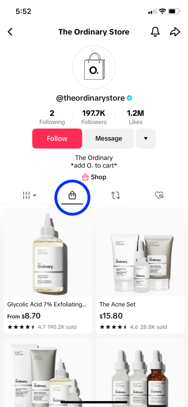 The Ordinary Store's TikTok profile, showing the shopping bag icon that indicates the Shop tab