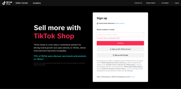 The signup up page for TikTok Shop